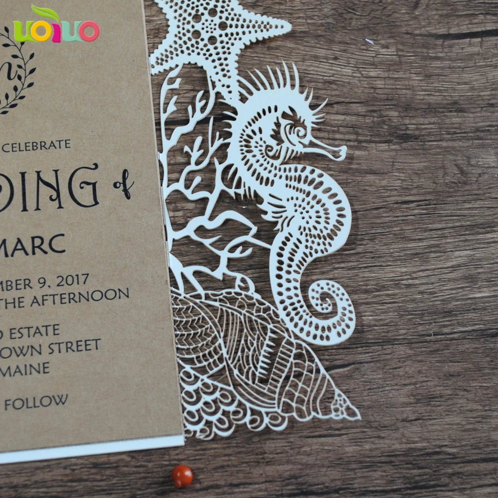 Popular Beach Theme Wedding Decoration Invitation Card Laser Cut Seahorse and Starfish Party Guest Invitation Cards 10sets