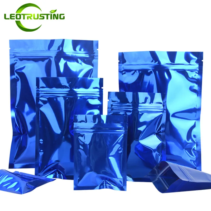 100PCS Glossy Blue Aluminum Foil Flat Zipper Packaging Bag Resealable Powder Snack Beaf Spice Cereals Candy Tea Storage Pouches