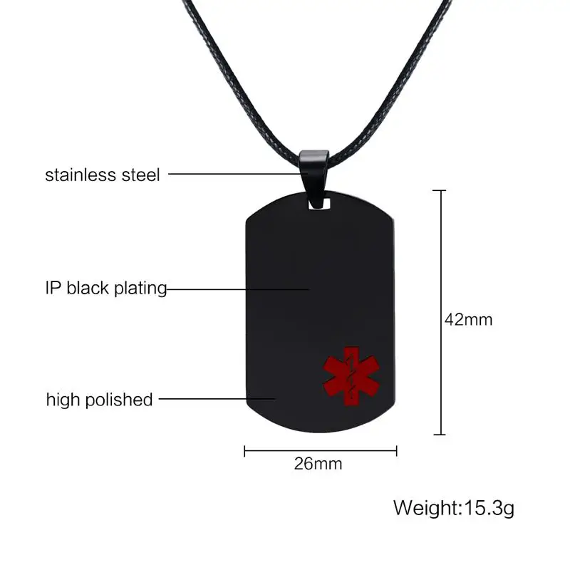 Mens Necklaces Stainless Steel Medical Alert ID Dog tag Pendant Necklace in Black Unisex Fashion Jewelry , Free Engraving