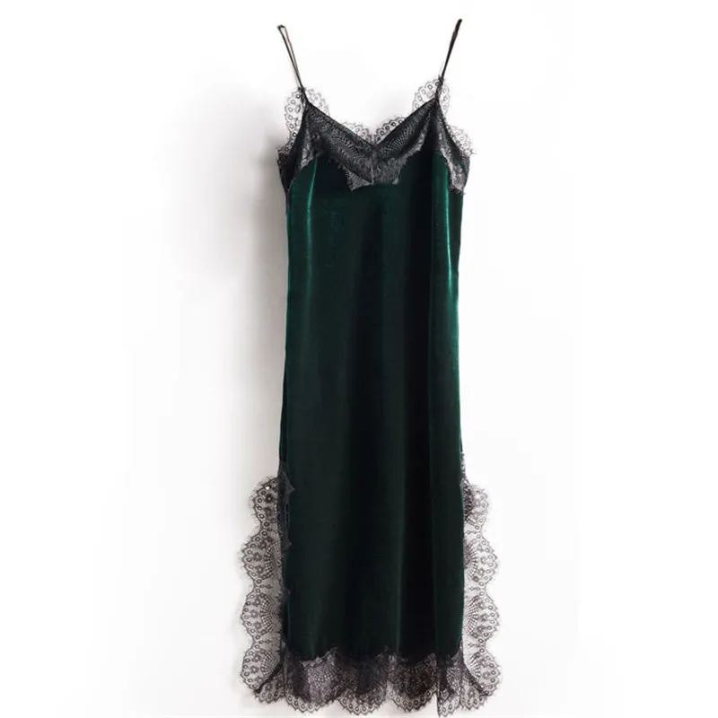 ベルベットロングドレス2019,春夏,セクシー,スパゲッティストラップ,レース,vネック,スリット,ボトム,ab1331