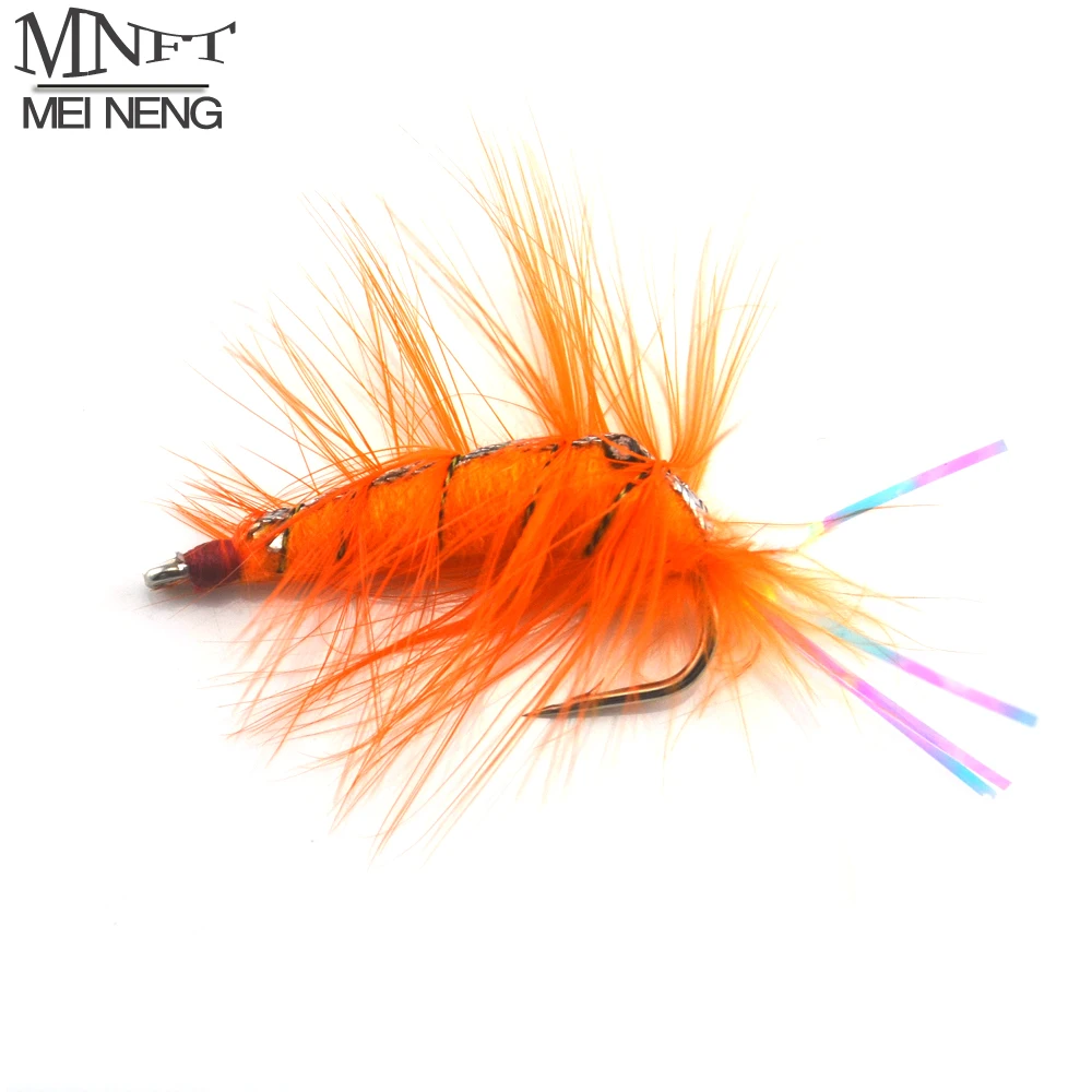 MNFT 4Pcs Orange Shrimp Saltwater Bait Fish Flies with Rainbow Flashabou Tail Artificial Trout Fly Fishing Hooks