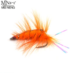 MNFT 4Pcs Orange Shrimp Saltwater Bait Fish Flies with Rainbow Flashabou Tail Artificial Trout Fly Fishing Hooks