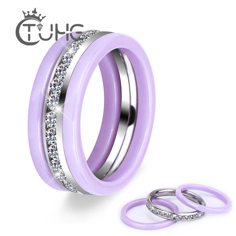 3pcs/Pack Stainless Steel Three Rings For Lady Paved CZ Zircon Luxury Princess Women Engagement Ceramic Ring Purple Jewelry