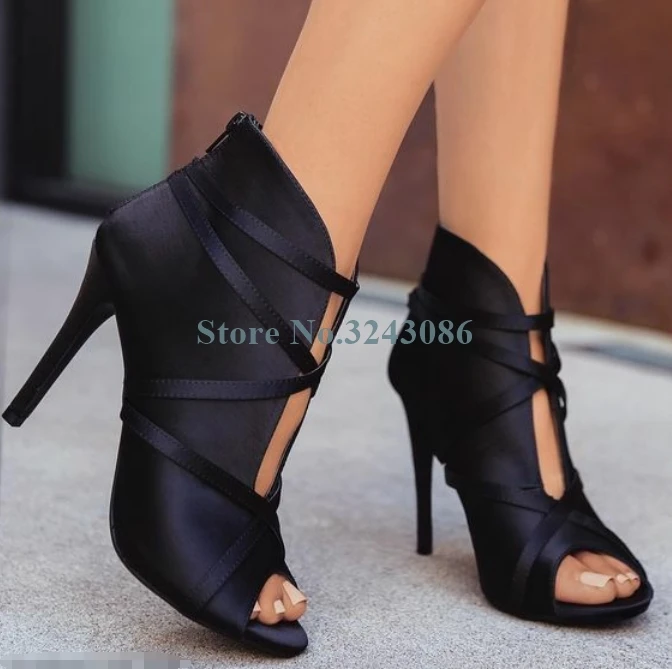 Peep Toe Narrow Band Thin High Heel Sandal Boots Red Pink Black Grey Satin Sandals Silk Back Zipper Stiletto Heel Ladies Shoes