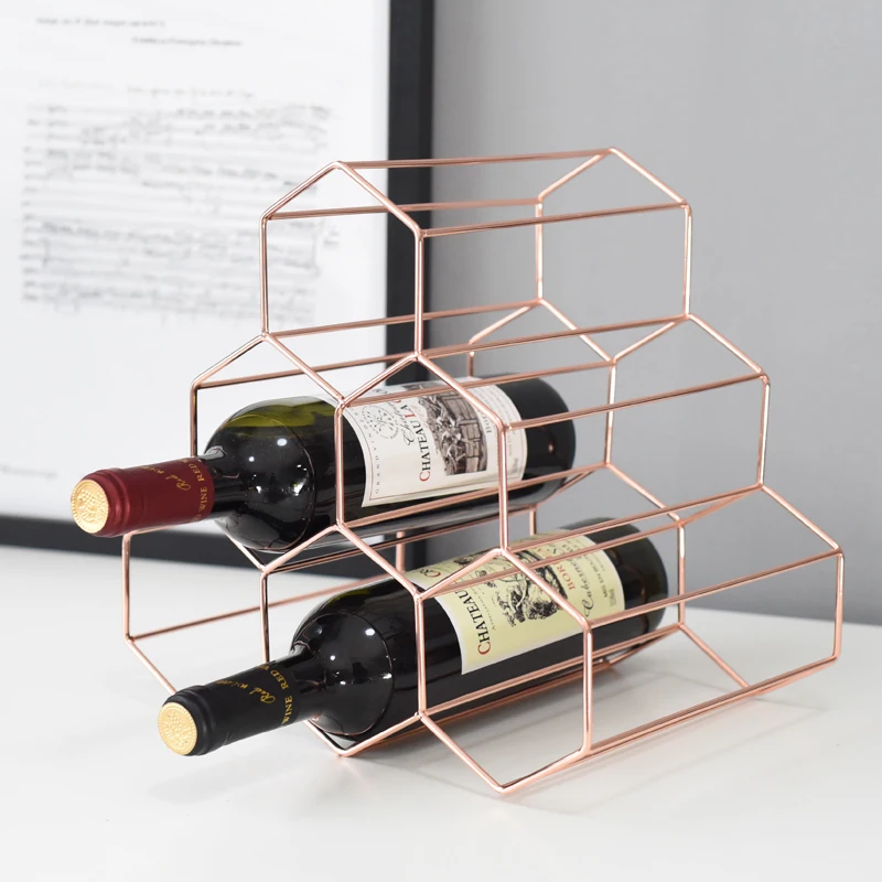 6 Bottles Metal Wine Rack, Countertop Free-stand Wine Storage Holder, Space Saver Protector for Red & White Wines - Gold