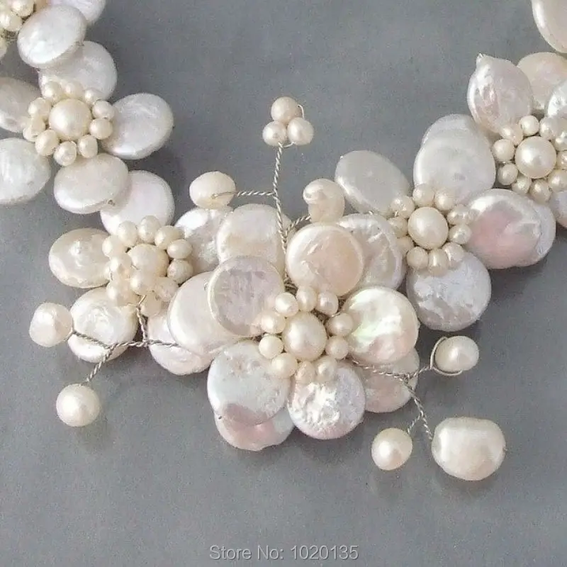 2rows white freshwater pearl  coin flower and baroque necklace 18inch wholesale beads FPPJ  FPPJ