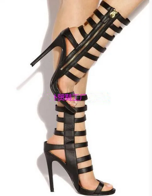 

Black leather narrow band cut-outs stiletto high heels gladiator sandal side zipper high heels sandals for woman dress shoes