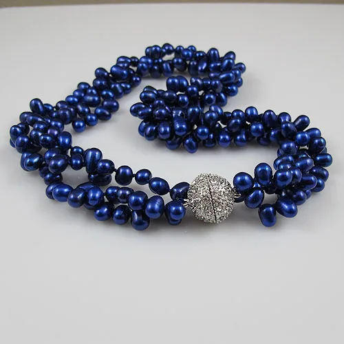 

Dark Blue Color Genuine Freshwater Pearl Necklace Triple Rows Genuine Pearl Jewelry 18 Inches Perfect Magnet Clasp