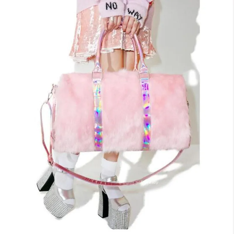 Bolsas de arco-íris macias para mulheres, feitas de pele falsa, sacola, grande capacidade, fónia a laser, rosa, bolsa de ombro, boston