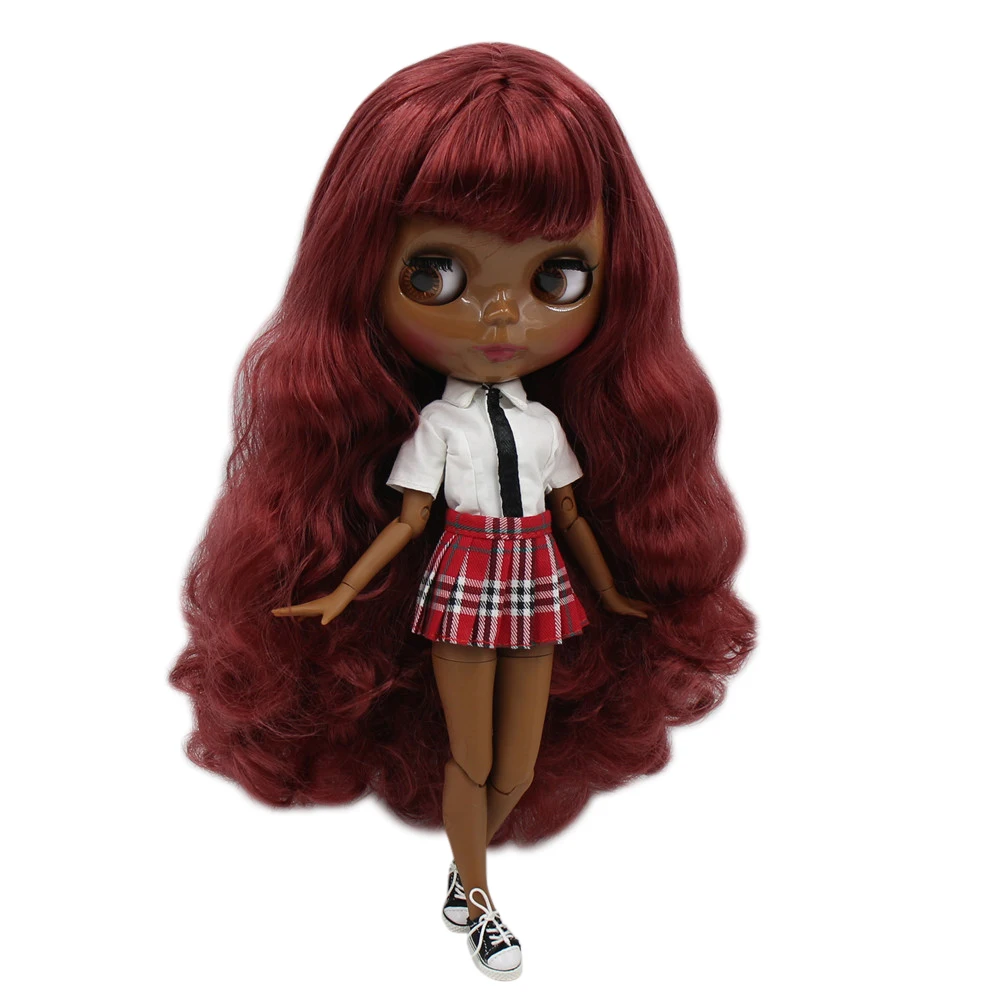 ICY DBS Blyth Doll1/6 bjd with super dark skin wine red curly hair and glossy face nude  joint body BL12532