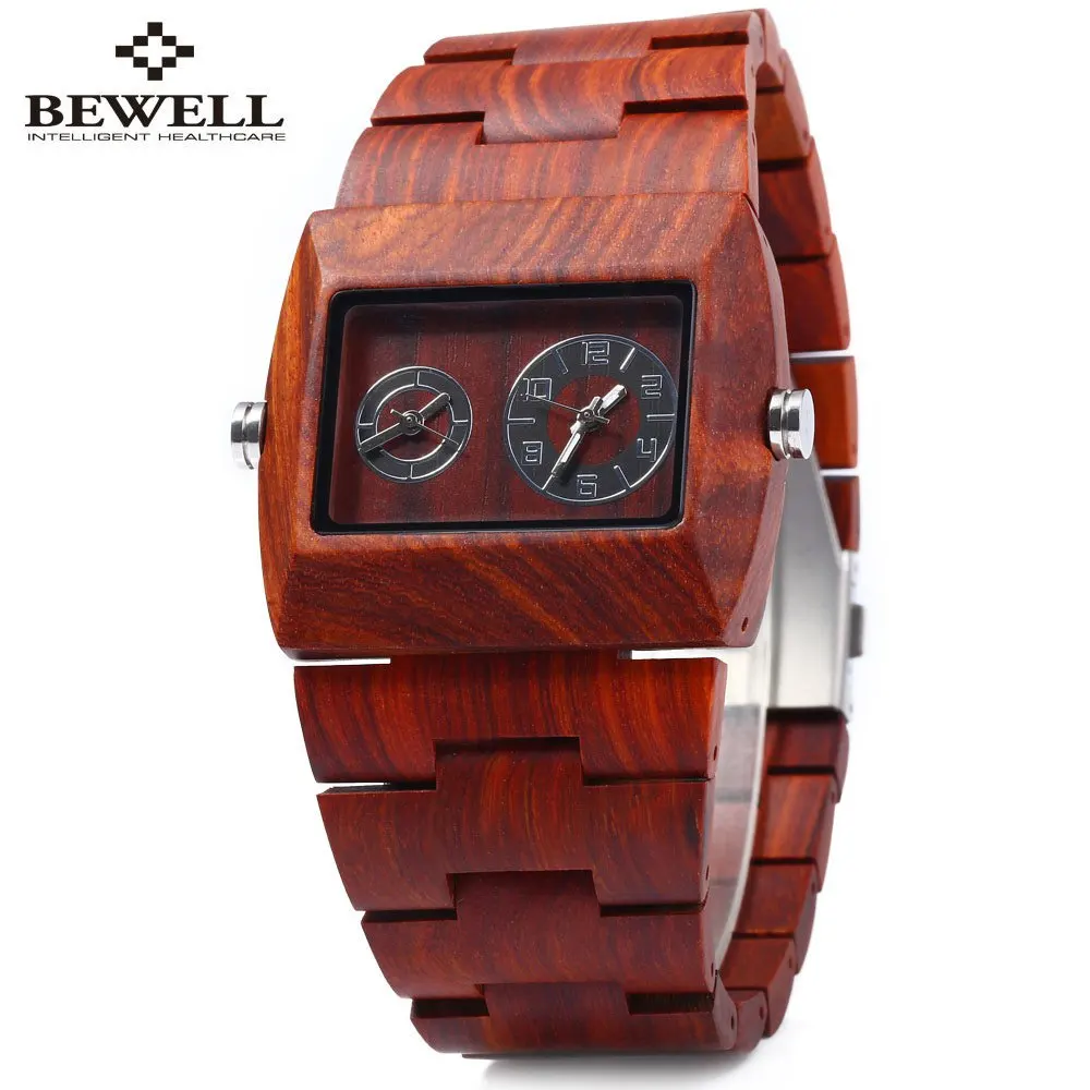 BEWELL Quartz Watch Men Wood Watches, Dual Time Zones Male Dress Watches, Elegant Fashion Waterproof Watches relogio masculino