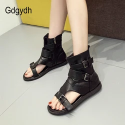 Gdgydh Belt Buckle Women Vintage Gladiator Sandals Lady Beach Shoes Leather Flat Summer Bandage Black Solid Open Toe Ankle Wrap