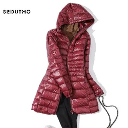 SEDUTMO-Casaco de pato ultra leve para mulheres, jaqueta longa Puffer, Parkas com capuz fino, ED621, inverno