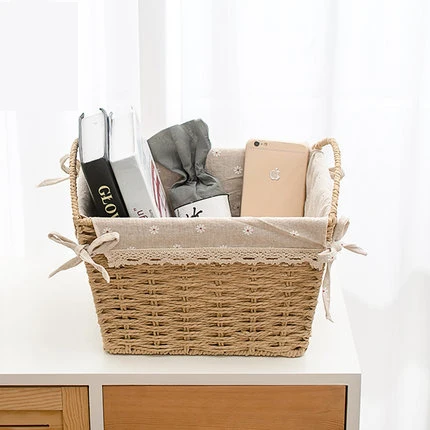 

Imitation Rattan Desktop Storage Basket Fabric Box Straw Snacks Storage Box Weaving Books Magazine Basket Shopping Basket