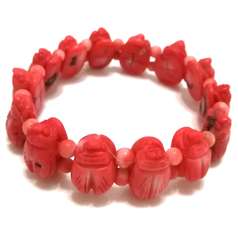 8 inches Stretch 12*18mm Red Cicada Style Hand Carved Natural Coral Bracelet