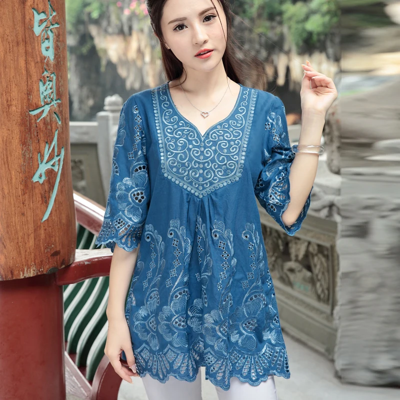 2021 Casual Summer Women Blouses Vintage Embroidery Blouse Loose Floral Boho Tops Womens Clothing Femme Blusa