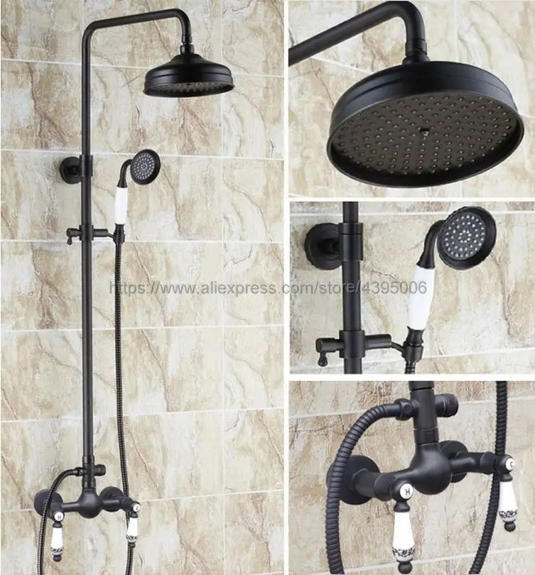 

Oil Rubbed Bronze Wall Mount Shower Set Faucet Double Handle with Handshower + Bathroom Shower Mixer Tap Brs518