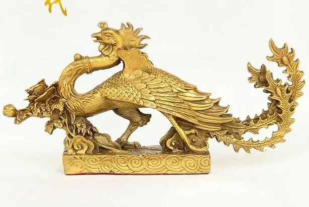 10cm Chinese exquisite handwork copper Brass carved phoenix and peony flower Statue