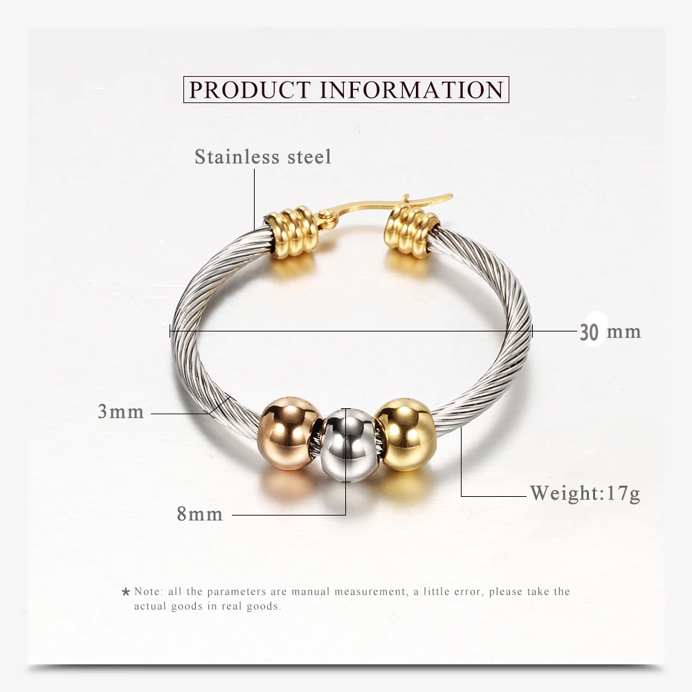 Fashion Korean Gold Color Big Hoop Earrings With Three Beads Round Circle Stainless Steel Earrings For Women Trendy Hiphop Rock