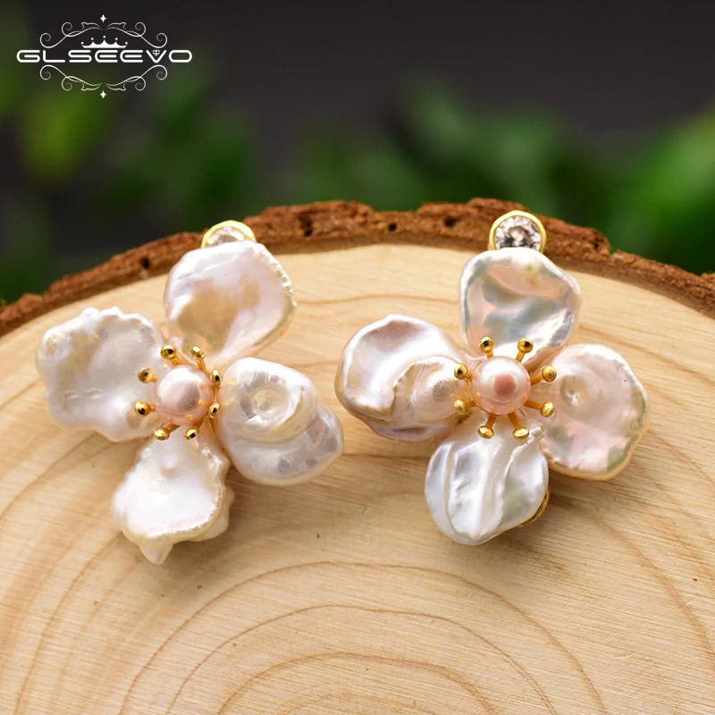 GLSEEVO Original Handmade Natural Fresh Water Pearl Flower Drop Earrings For Women Wedding Jewelry boucle d\'oreille femme GE0712