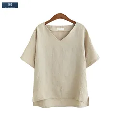 [EL BARCO] 2017 New Hot Cotton Linen V-Neck Women Chiffon Blouse Shirts Summer Short Sleeve White Khaki Casual Top Plus Size 3XL