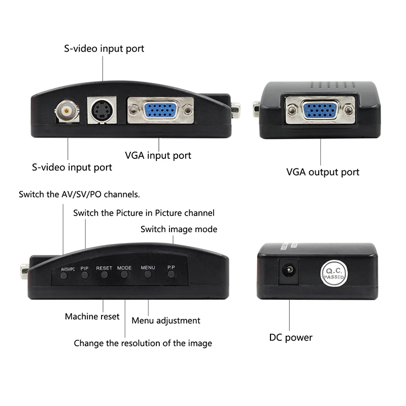 BNC VGA Composite S-Video para conversor VGA, adaptador de saída VGA, caixa de comutação digital para PC, Mac, TV, câmera, DVD, DVR