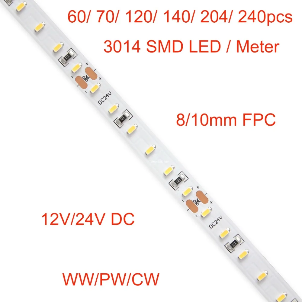 3014 SMD LED Flexible Strips light, , 60/70/120/140/204/240pcs  leds per meter, DC 12/24V,