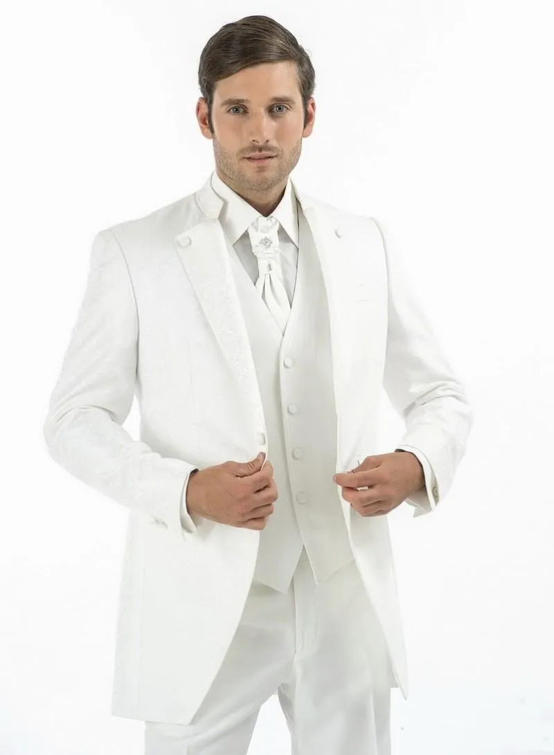 

Latest Design One Button Ivory Embossing Groom Tuxedos Groomsmen Mens Wedding Prom Suits (Jacket+Pants+Vest+Tie) NO:189