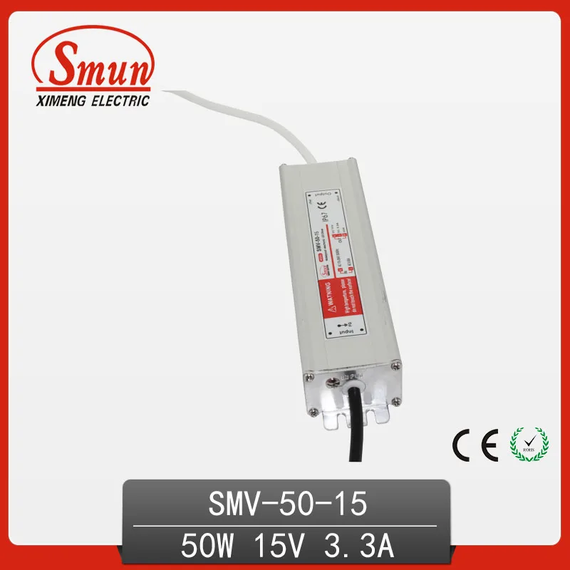 

50W 15V 3.3A Wproof IP67 LED Driver Switching Power Supply for Led Strip Light with CE ROHS 1 Year Warranty SMV-50-15