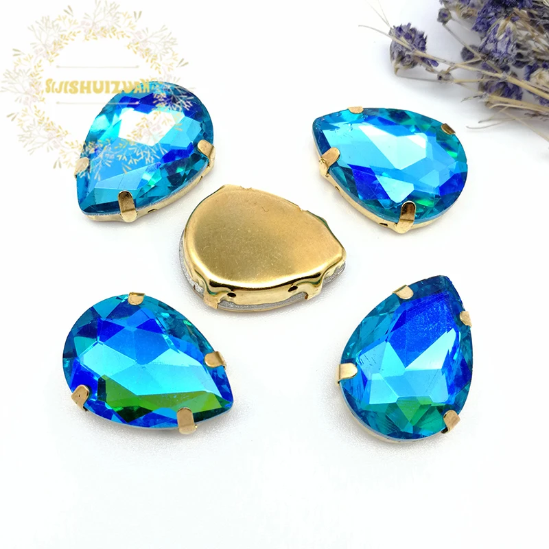 Turquoise Blue AB Dazzle Color Water Drop Shape Glass Crystal Sew On Rhinestones With Gold  Bottom Four Claw Diy Clothing Shoes