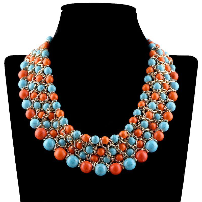 KAYMEN Fashion New Imitation Turquoise Stands Weaving Statement Necklace for Women Handmade Beaded Chunky Chokers Wholesale