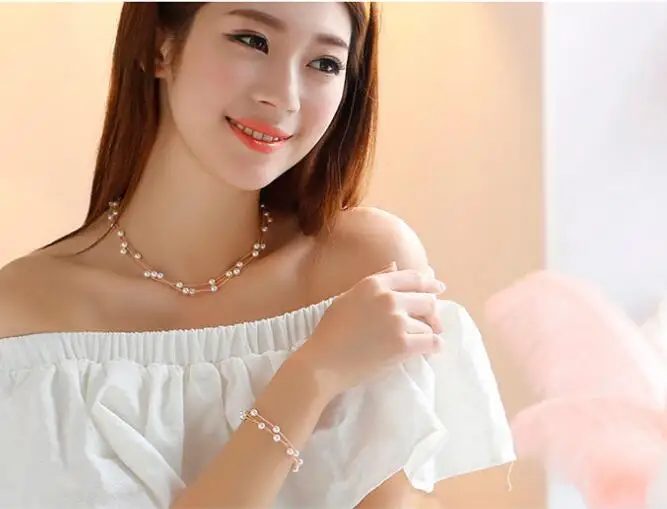 Imitation Pearl Jewelry Set Simulated Pearl Double Layer Women Earrings Necklace Bracelet Sets for Wedding N271