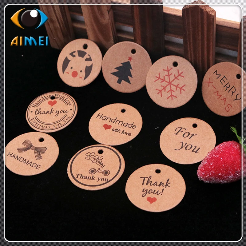 100Pcs/Lot Kraft Paper Hand Made Tags With Love Thank You Round 3.5Cm Gift Tag For Bag Paper Labels Price Lists With Red Heart