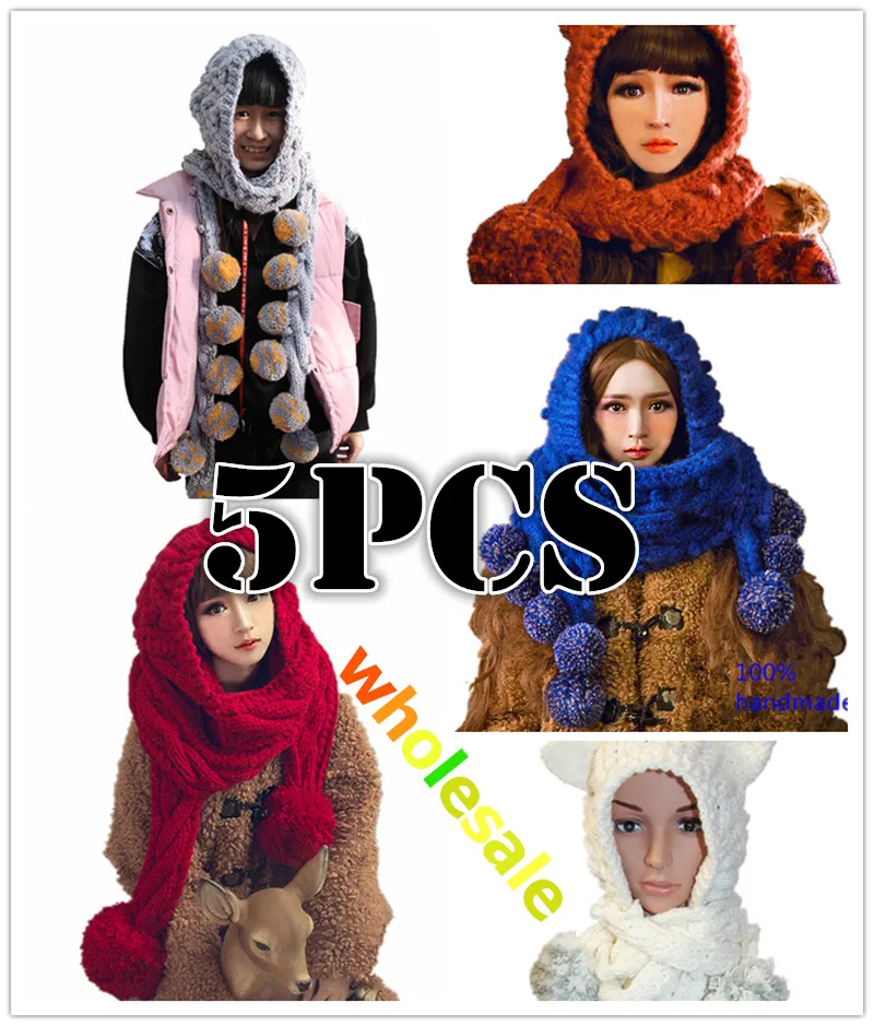 BomHCS Wholesale 5PCS Beanies with Big Scarves (without Gloves)Beautiful Women's 100% Handmade Knitted Neckerchief Hat Gift