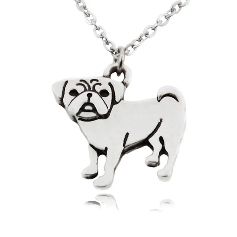 Vintage Silver Color Stainless Steel Long Chains Tiny Pug Pendant Necklace Companion Dog Necklaces For Women Men Best Gifts 2018