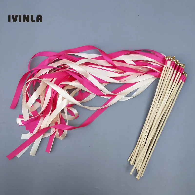 

50Pieces/Lot rose and cream Wedding Ribbon wands with gold bell for wedding decoration,ribbon Twirling Streamers