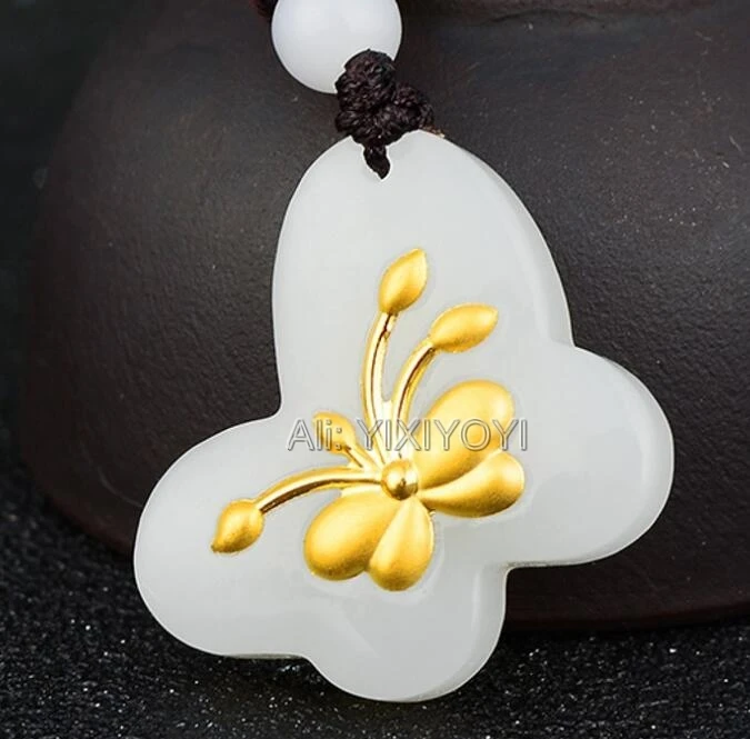 Natural White HeTian Jade 18K Solid Gold Butterfly Inlaid Lucky Amulet Pendant Free Necklace Luxury Fine Jewelry + Certificate