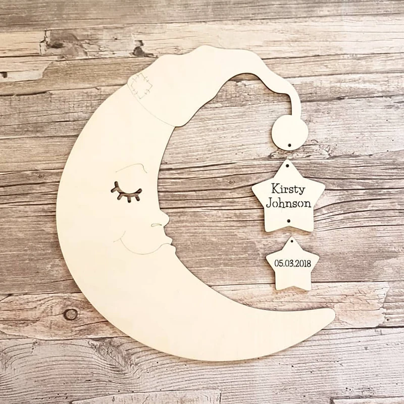 Personalized Wood Sleepy Moon Star Set, Custom Made Name for Baby Shower Gift, New Baby Gift Nursery Decor