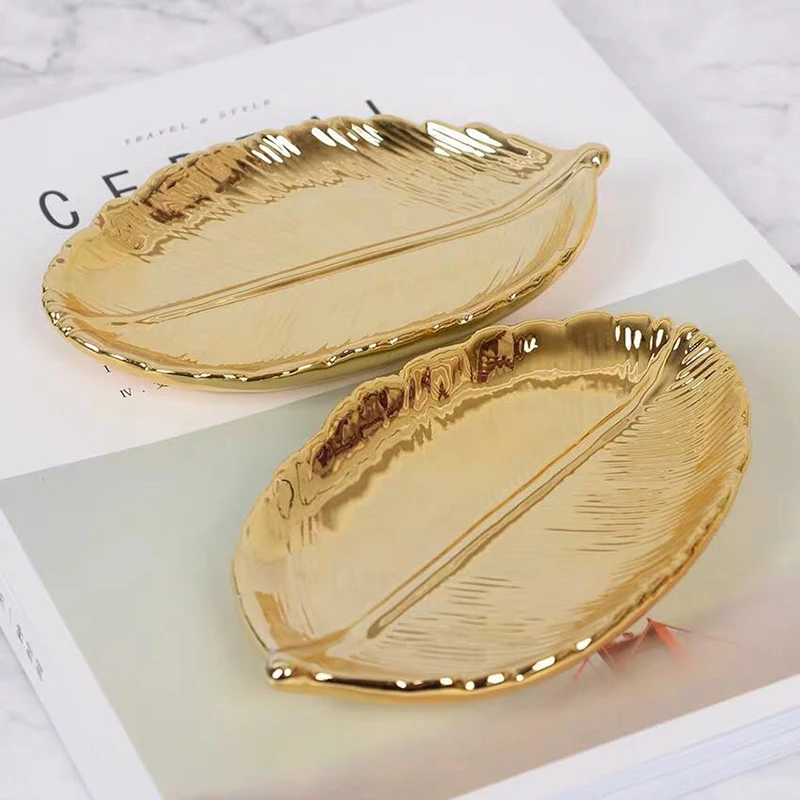 Decorative Gold Leaf Ceramic Plate Dish Porcelain Candy Trinket Dish Jewelry Fruit Serving Tray Storage Plate Crockery Tableware