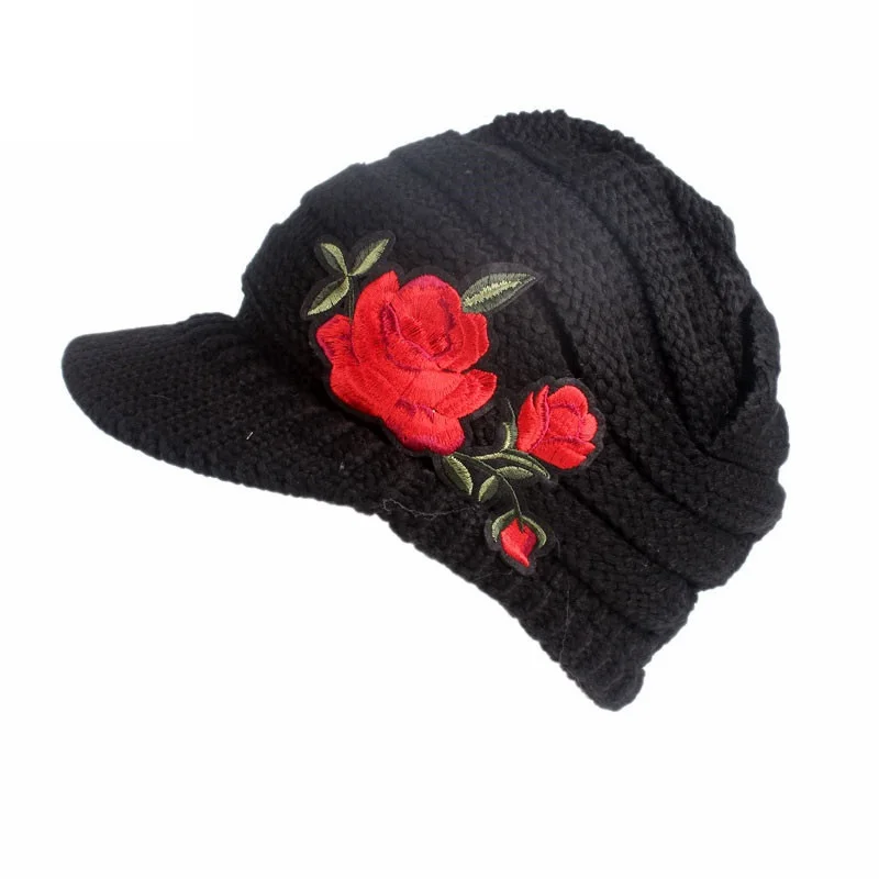 UNIKEVOW New arrival Embroidery rose beanie Casual hat with visor for Women Button cap for autumn spring winter ladies hats