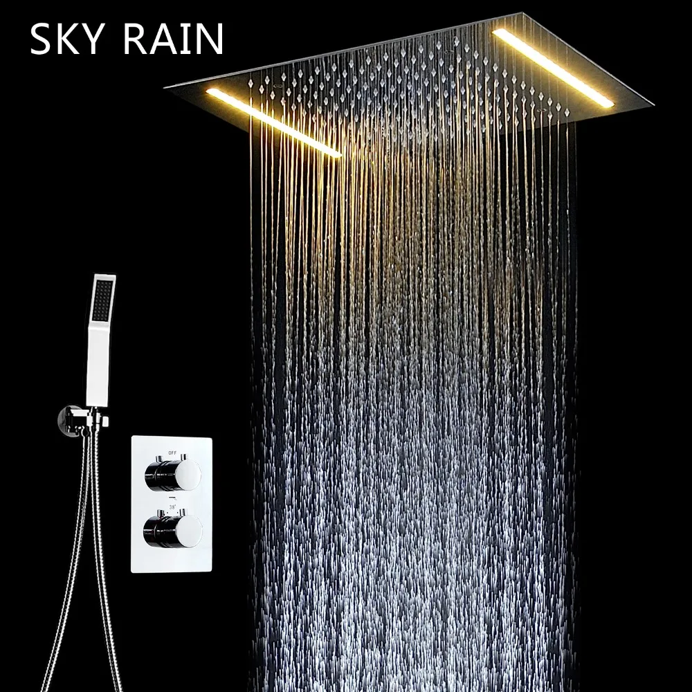 

2024 Europe Style 20x14Inch LED Rainfall Shower Head Panel Faucet Set Constant Temperature Valve Mixer System