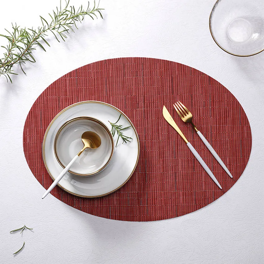 Bamboo Grain Painting Placemats Oval Table Mat Cup Bar Mat Kitchen Accessories PVC Adiabatic Can Be Washed Coffee Table Bowl Pad