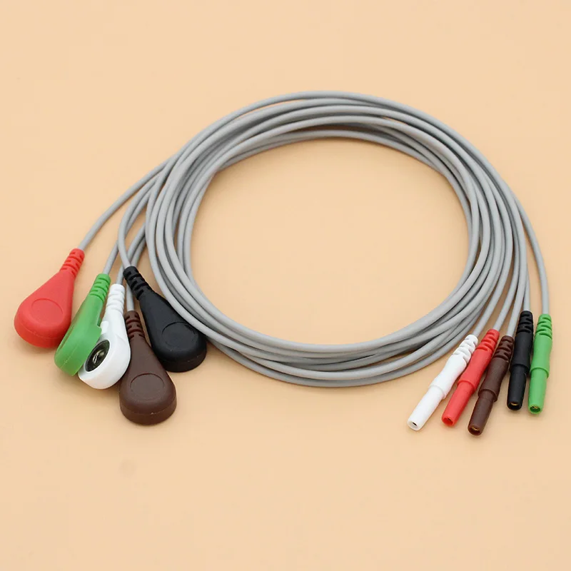 5-leads ECG/EKG din1.5 holter cable, Leadwire of Electrode snap for disposable electrode pad,AHA/IEC.