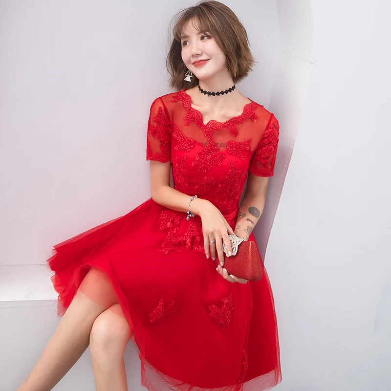 Robe de soiree New Red Lace up A Line Short Slim Summer vestido de festa evening dress with Appliques Party Dresses prom dresses