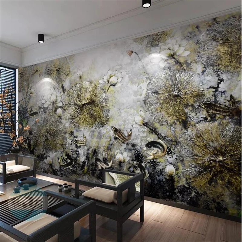 

wellyu papel de parede para quarto Custom wallpaper Chinese lotus, nine fish, carp, sofa, wall painting wallpapers Retro