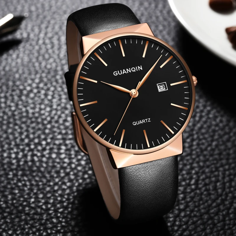 GUANQIN Watch Men Ultra Thin Simple Fashion Casual Quartz Men Watches Leather Strap Men Clock Wristwatch Birthday Gift