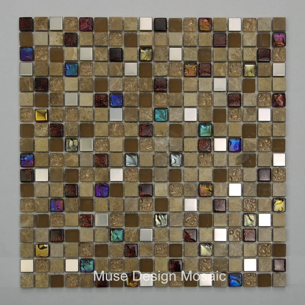 Retro Spian Marble Stone mixed Metal electroplating colorful Glass mosaic tile for Kitchen Bathroom bar restaurant wall floor