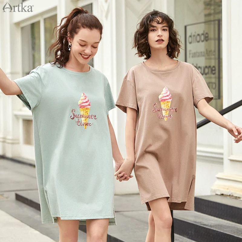 ARTKA 2019 Summer New Women Dress O-Neck Short Sleeve Long T-shirt Multicolor Sequined Print T-shirt Dress For Women TA12198X