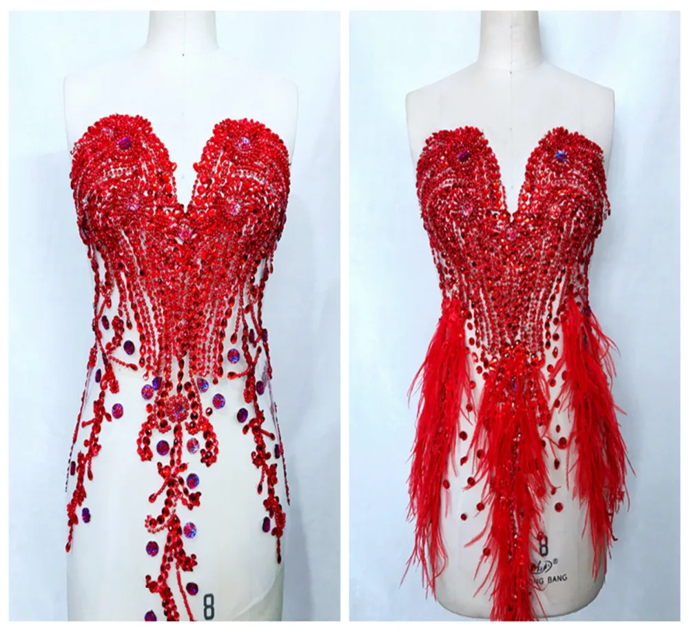 Fatto a mano rosso cucire su strass applique piume di struzzo decorazione finiture patch 66*34cm per abito da sposa accessorio 7 colori