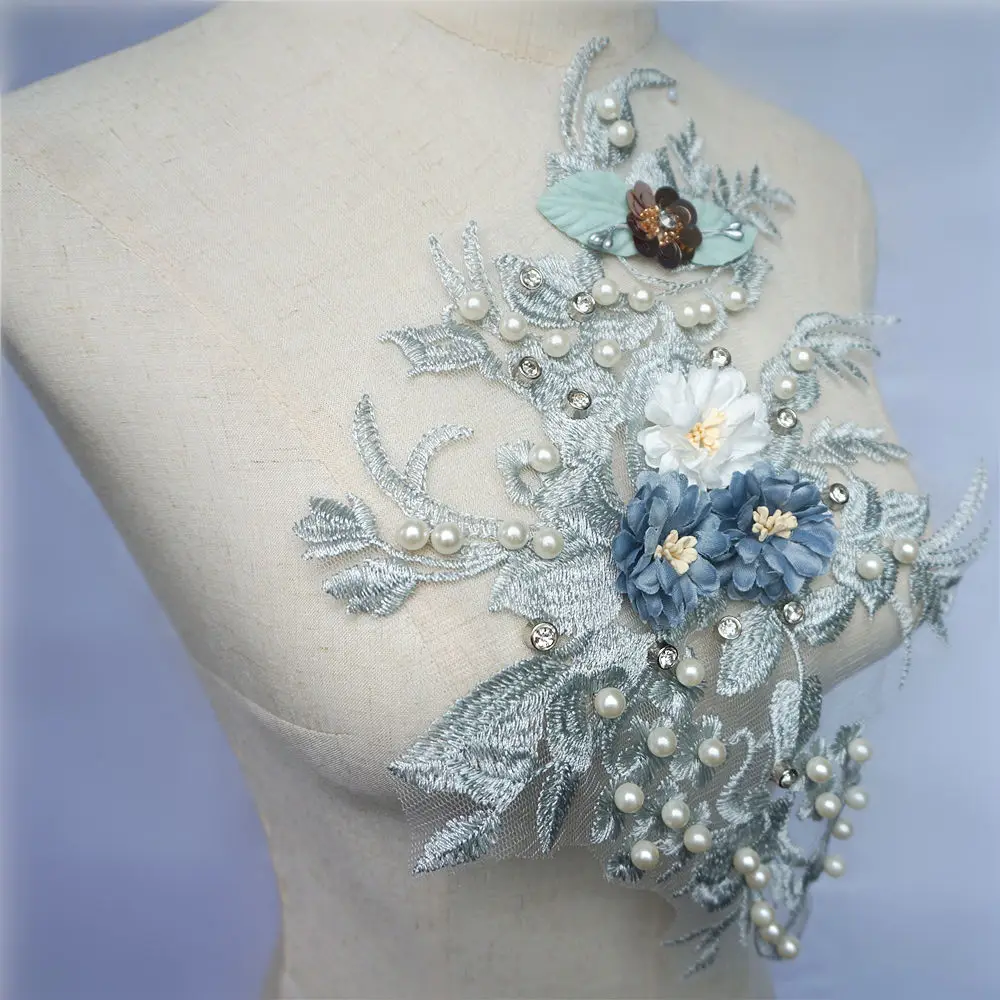 33CM Grey Fabric 3D Flowers Beads Rhinestone Sequins Appliques Lace Trims Embroidery Mesh Sew On Patches For Wedding Decoration